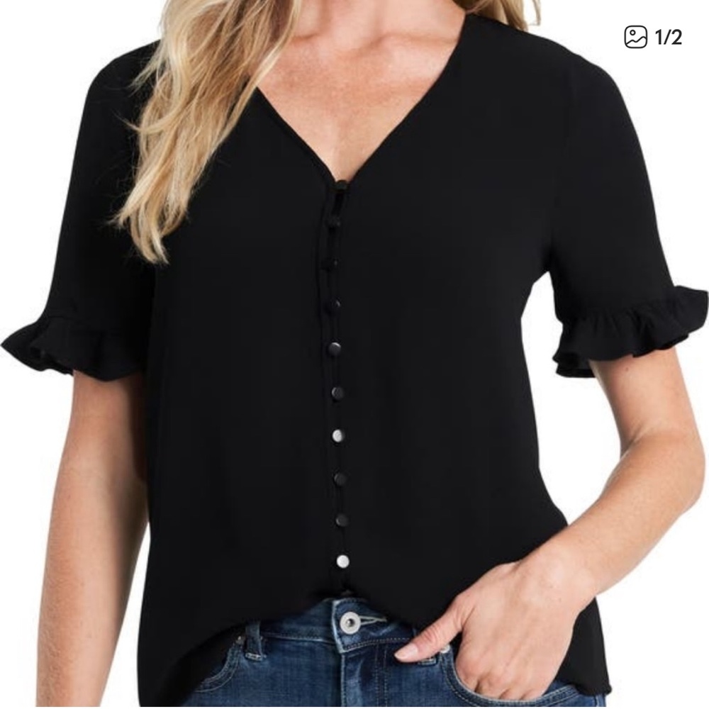 CeCe Black V-Neck Ruffle Sleeve Button-Front Blouse